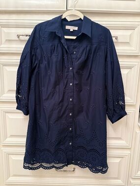 LOFT Navy Eyelet Button-Front Long Sleeve Dress